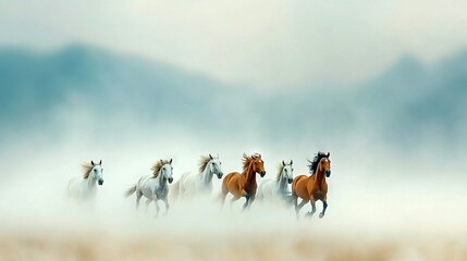   Horses run through foggy field, mountains in backdrop