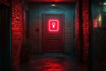 Vivid neon keyhole sign illuminates a dimly lit corridor in an urban setting during nighttime