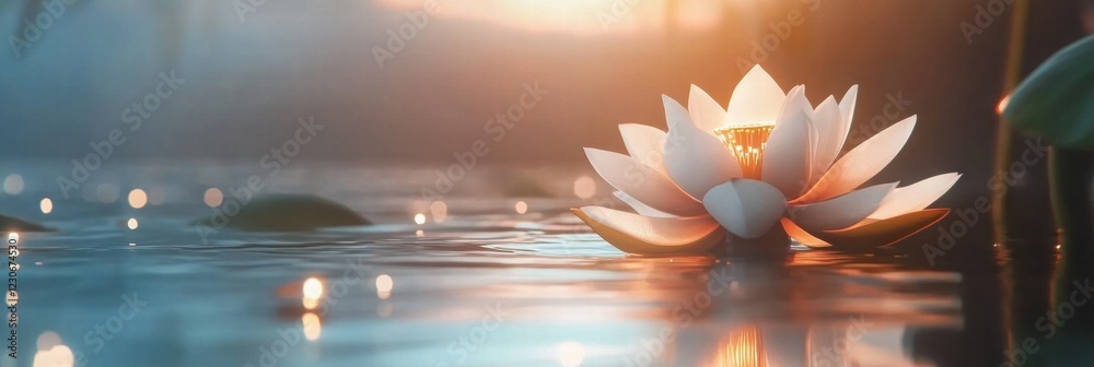Poster beautiful lotus flower floating on calm water at sunrise with glowing reflections and soft lighting.