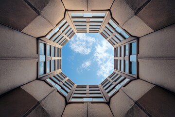 Fototapeta premium A striking upward view of a modern building showcasing geometric symmetry and design against a vibrant blue sky with clouds.