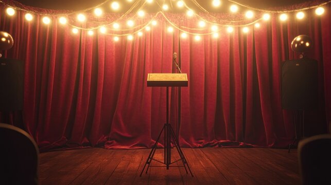 Empty Stage Awaits Performer Red Curtains And Lights