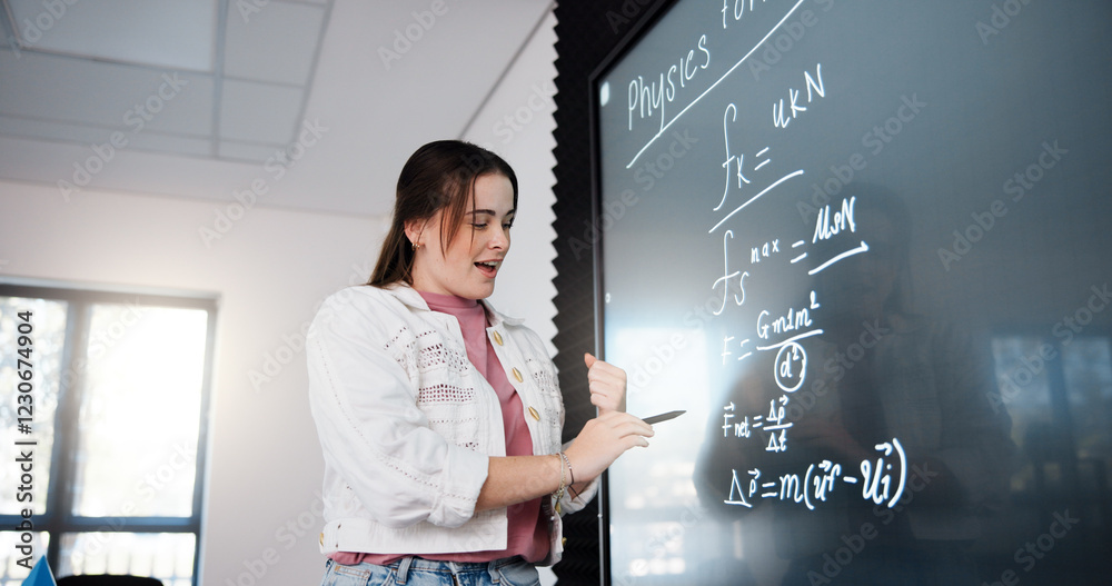 Leinwandbilder college, woman and student by board in lecture explaining science equation to class for education. r