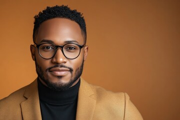 Fototapeta premium Young man in stylish outfit poses confidently against warm orange background in urban setting during daytime