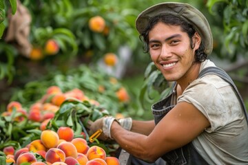 Latino farmer harvests ripe peaches in fruit garden.