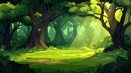 Naklejka premium Sunlit Forest Clearing Lush Green Trees Nature
