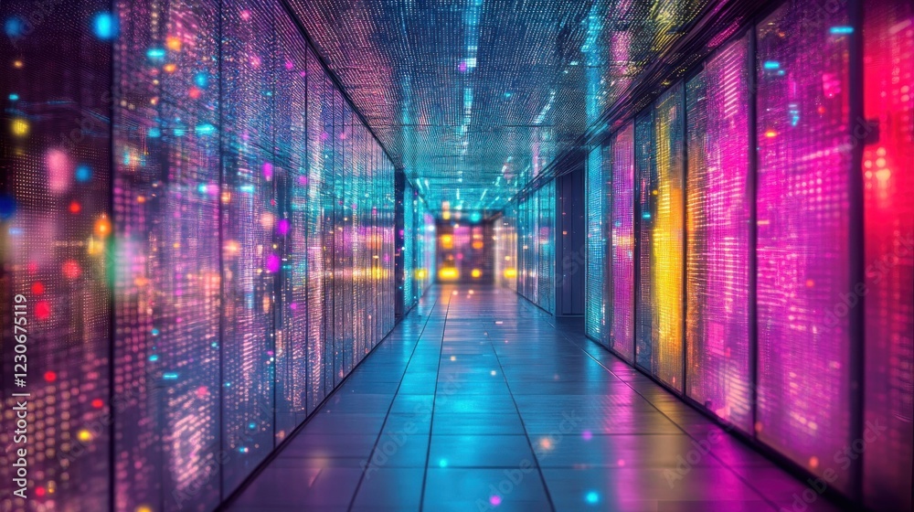 Poster illuminated data center corridor shows vibrant network activity