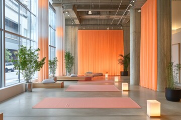 Yoga studio featuring soft orange drapery and natural light in a modern urban setting