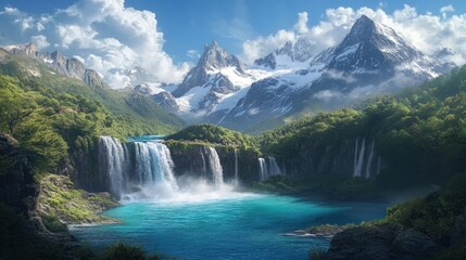 Majestic waterfalls cascade into turquoise lake, snow-capped mountains backdrop, scenic nature landscape, ideal for travel brochures