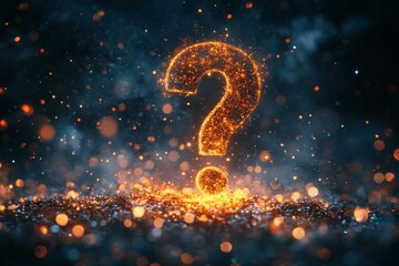 Sparkling question mark illuminated by orange light in a dark, mystical background