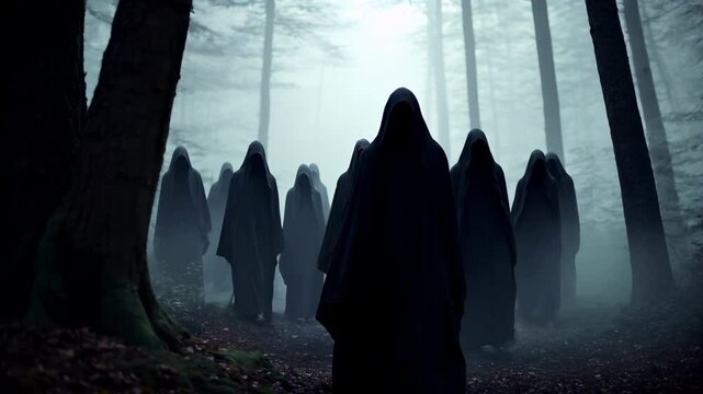 silhouettes of hooded cloaks peoples in cult robes, unrecognizable people, mysterious stranger,secret sect.immersive spooky Halloween, captivating, mysterious atmosphere, cloudy mist fog.Generative Ai