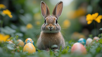 Cute Rabbit Surrounded by Colorful Easter Eggs in Spring Garden. Generative AI