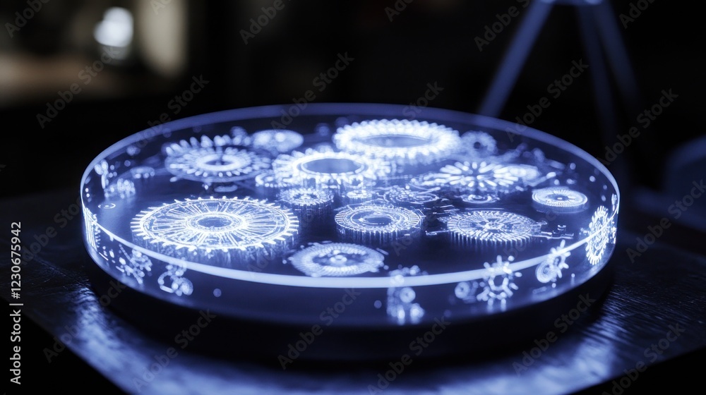 Poster illuminated glass display of intricate gear mechanisms