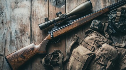 Hunting rifle scope and tactical gear on wood