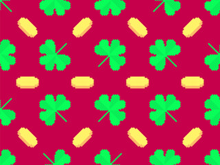 Pixel clover leaves and golden coins seamless pattern for St. Patrick's Day. Shamrock pixel art in 8-bit retro style from 80s - 90s. Design for banner and poster. Vector illustration