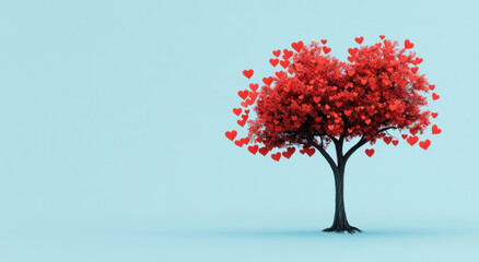 Beautiful tree with heart-shaped red leaves, creating a vibrant and romantic atmosphere against a soft blue background