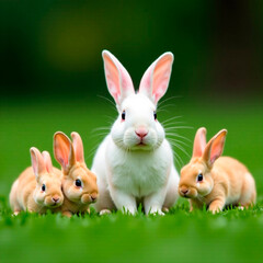 Obraz premium Cute white bunny having fun on the lawn with three red bunnies