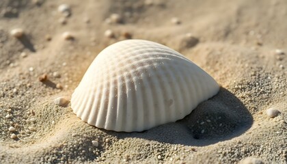 a white shell sitting on top of a sandy beach