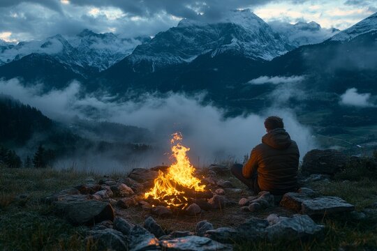 Campfire gathering at dusk near stunning mountain range in tranquil wilderness