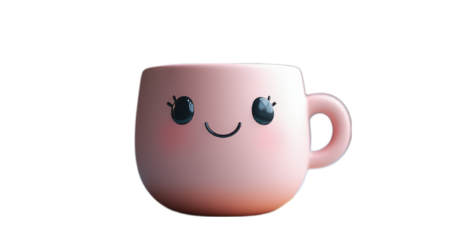 A cute and friendly pink ceramic cup with a smiling face, perfect for children's items or playful kitchenware designs. Ideal for mug collections, animated content, and gift shop promotions.