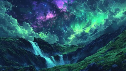 Obraz premium Magical waterfall landscape, vibrant nebula sky, fantasy art