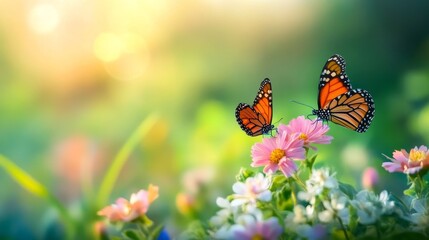 Two butterflies are flying over a field of flowers. The butterflies are orange and pink, and the flowers are pink and white. The scene is peaceful and serene, with the butterflies