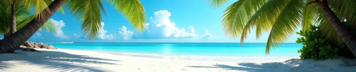Fototapeta premium Overhanging palms shade pristine sand, crystal water sparkles , vacation, idyllic, blue