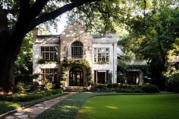 Obraz premium In the heart of Dallas, Texas, stands a beautiful home with a front yard dotted with lush green grass and towering trees. It is a three-story property on an upscale street, flanked by other high-end
