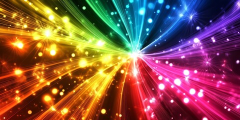 Fototapeta premium A stunning abstract image featuring a burst of multicolored light rays and sparkling effects, creating a dynamic and vibrant visual.