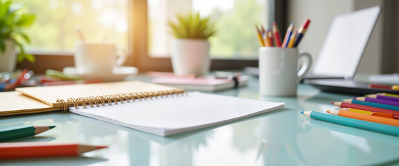 Colorful stationery on glass desk in creative workspace, inspiring ideas