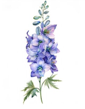 Fototapeta Elegant watercolor painting showcasing a stem of vibrant purple larkspur flowers in full bloom, adorned with delicate green leaves