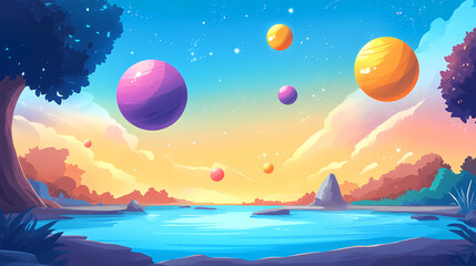 Serene landscape featuring tranquil lagoon under vibrant sky filled with colorful planets. warm hues create peaceful atmosphere, inviting exploration and wonder. Celestial Lagoon. Illustration