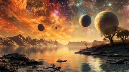 Serene landscape featuring tranquil lagoon under vibrant sky filled with colorful planets. warm hues create peaceful atmosphere, inviting exploration and wonder. Celestial Lagoon. Illustration