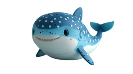 A cute and playful blue cartoon whale character with a big smile and small fins, perfect for children's toys and animated content. Ideal for animation, toy promotions, and playful character branding.