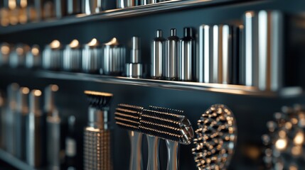 Sleek metallic hair styling tools and products on shelves