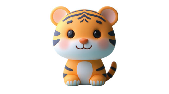 A cute cartoon-style tiger toy, with vibrant orange and black stripes, sitting cheerfully. This adorable tiger figurine captures a playful and friendly design, perfect for children’s rooms or animal l