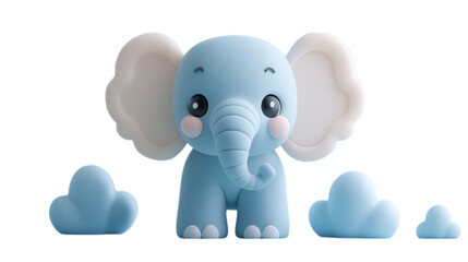 Fototapeta premium This transparent PNG image features an adorable blue elephant figurine with large ears and a cheerful smile. The playful design, complete with small cloud-like shapes around it, makes it a delightful 