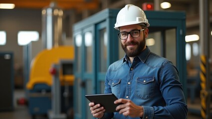 A smiling engineer in a factory setting uses a tablet. He's wearing a hard hat and denim shirt.