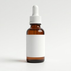 Fototapeta premium Amber glass bottle with a dropper and a blank white label, ideal for essential oils or serums.