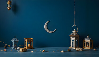 Ramadan decoration. A dark blue background adorned with decorative elements including crescent moon, stars and lanterns.