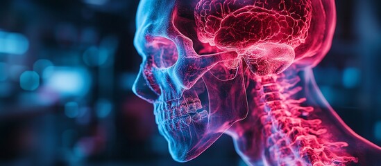 Naklejka premium Detailed view of a human skull and spine with a glowing, neon-like effect in a lab