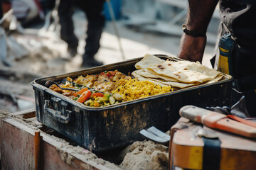 Homemade meal in a toolbox at a construction site