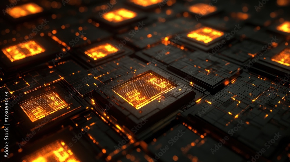 Poster Illuminated Circuit Board Array Glowing Bright Orange