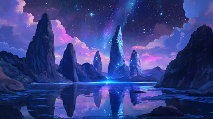 Vibrant northern lights illuminating dramatic coastal rock formations reflected in a calm lagoon under a starry sky. nature concept. Celestial Lagoon. Illustration
