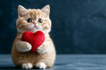 Cute exotic shorthair feline infant with fluffy red heart - emblem of love, funny greeting card. Digital ads visual idea. Exotic shorthair - my cherished cat. Valentine's day love theme.