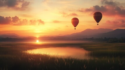 Hot Air Balloons Soaring Over Sunset Landscape