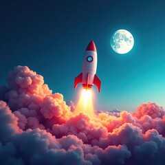 Fototapeta premium Sleek rocket ascends, moonlit clouds swirl below , celestial, stars, journey