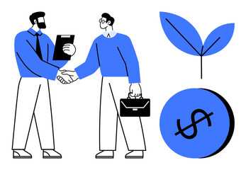 Two men shaking hands, one holding clipboard, one holding briefcase. Blue leaves, dollar sign inside circle. Ideal for partnerships, agreements, business deals, eco-efforts sustainability success