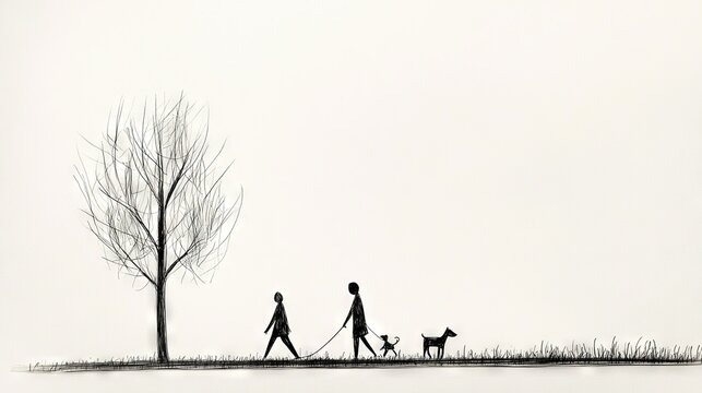   A B/W photo of two ppl and a dog on a field w/ a tree BG
