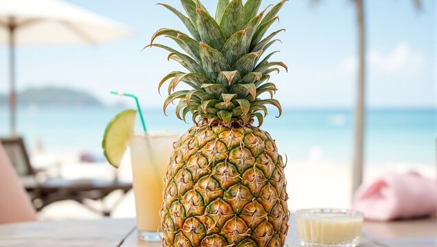 Tropical golden pineapple on beach table with drink