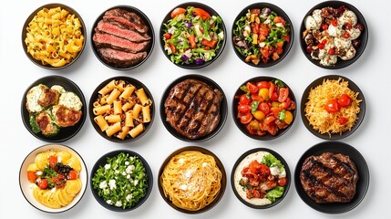 Top-down view of a variety of gourmet dishes served in black bowls on a white background, featuring pasta, steak, salads, and fresh ingredients, showcasing a diverse food selection.